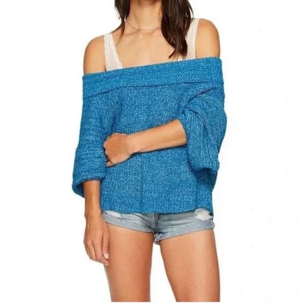 Free People Edessa Off The Shoulder Oversized Boxy Slouchy Ribbed Knit Blue XS